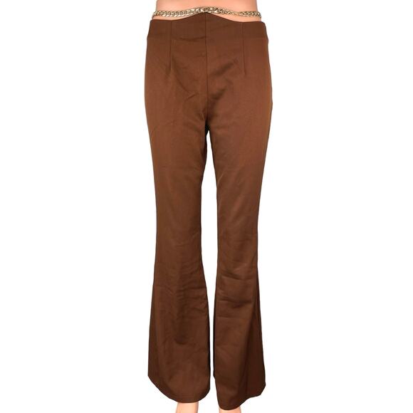 Princess Polly Brown Chain Belt Flared Leg Stretch Ankle Trousers Pants Size 4 - Picture 1 of 6
